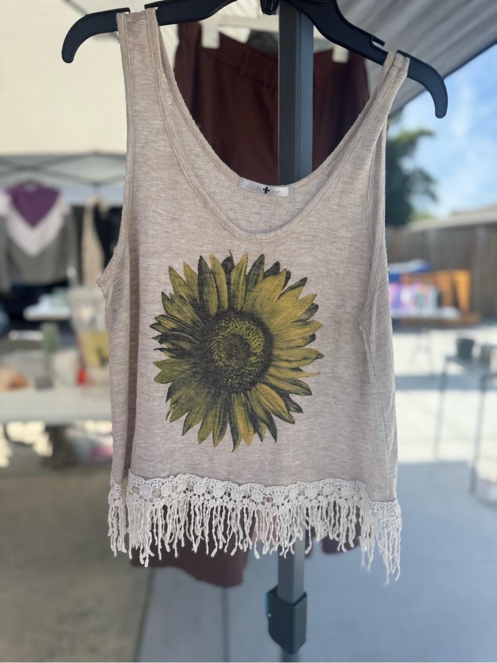 Beige Tank with Sunflower Graphic and Fringe Hem